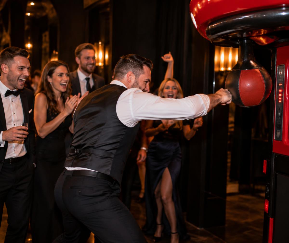 Guests cheering a boxer machine challenge at an evening event