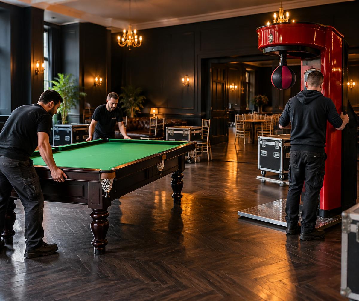 Event crew setting up a pool table and boxer machine before guests arrive