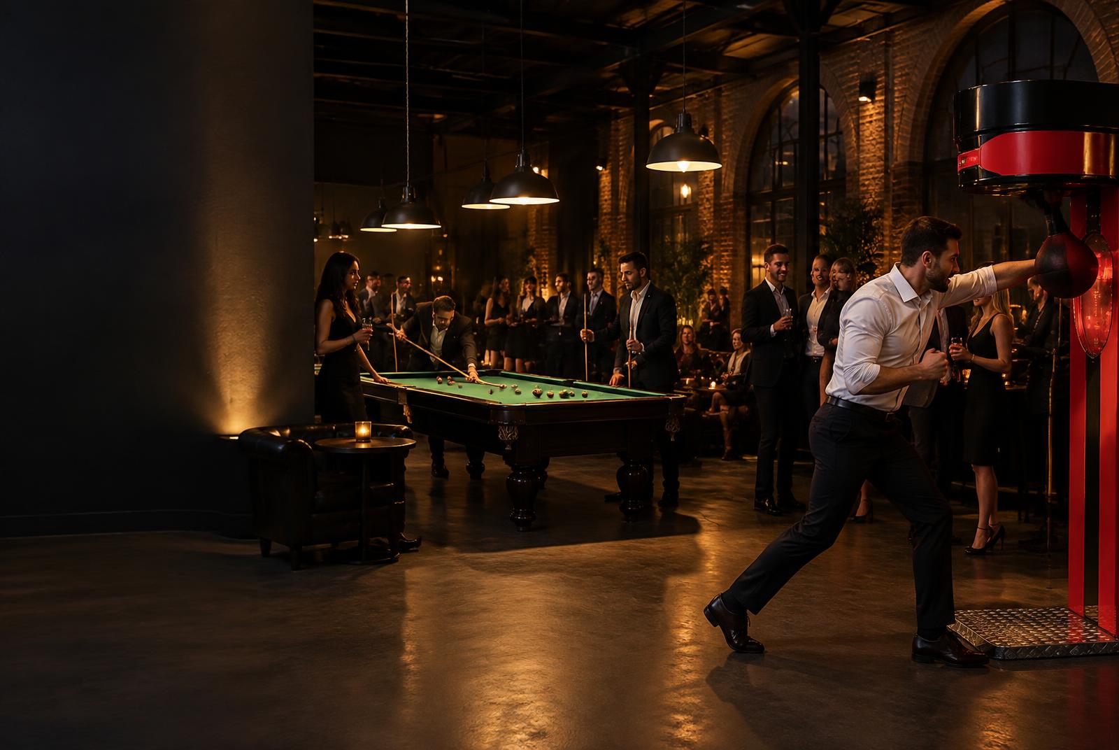 Guests enjoying a boxer machine and pool table at a premium evening event