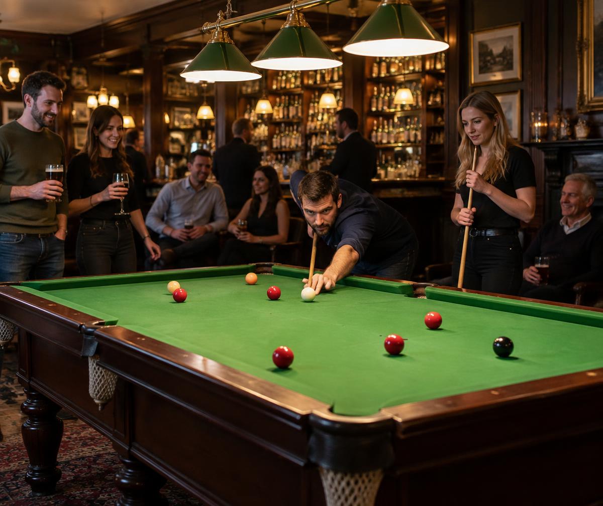 Friends playing pool in a traditional British pub