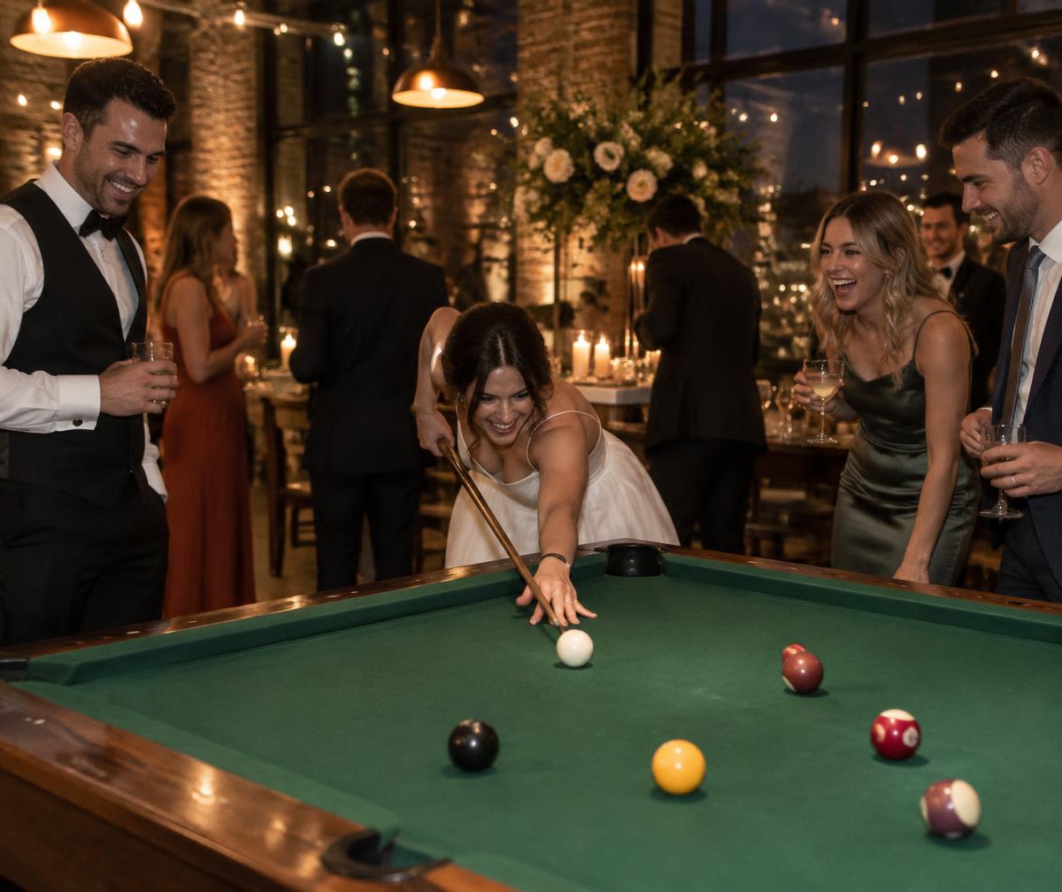 Wedding guests enjoying a game of pool at an evening reception